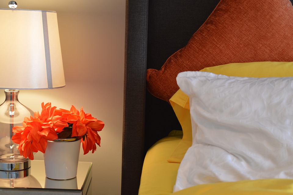 Bed, Lamp, Bedside, Pillows, Flower, Bedroom, House